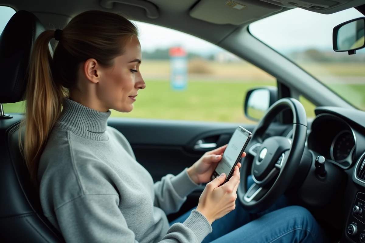 Femme consultant les règles douanières sur son téléphone avec une cartouche de cigarettes achetée au Luxembourg dans sa voiture