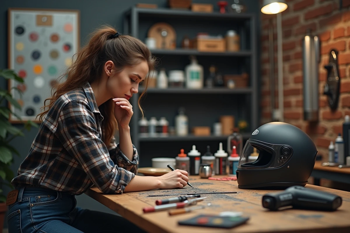 Femme examinant des peintures pour moto dans un atelier
