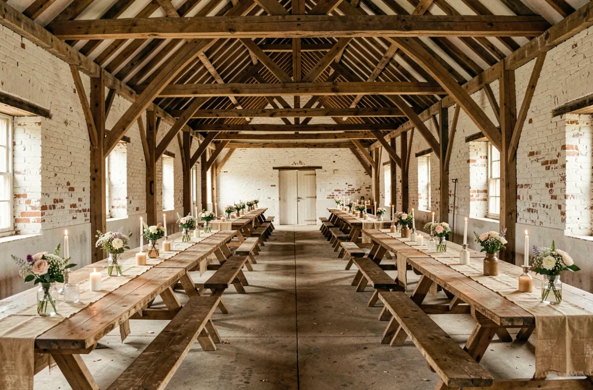 Intérieur de grange rénovée de la Ferme de l'Épinette avec tables en bois, décoration rustique et charpente apparente