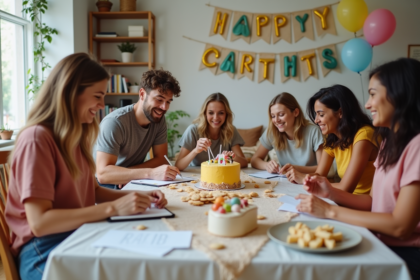 Groupe d'amis autour d'une table festive et décontractée