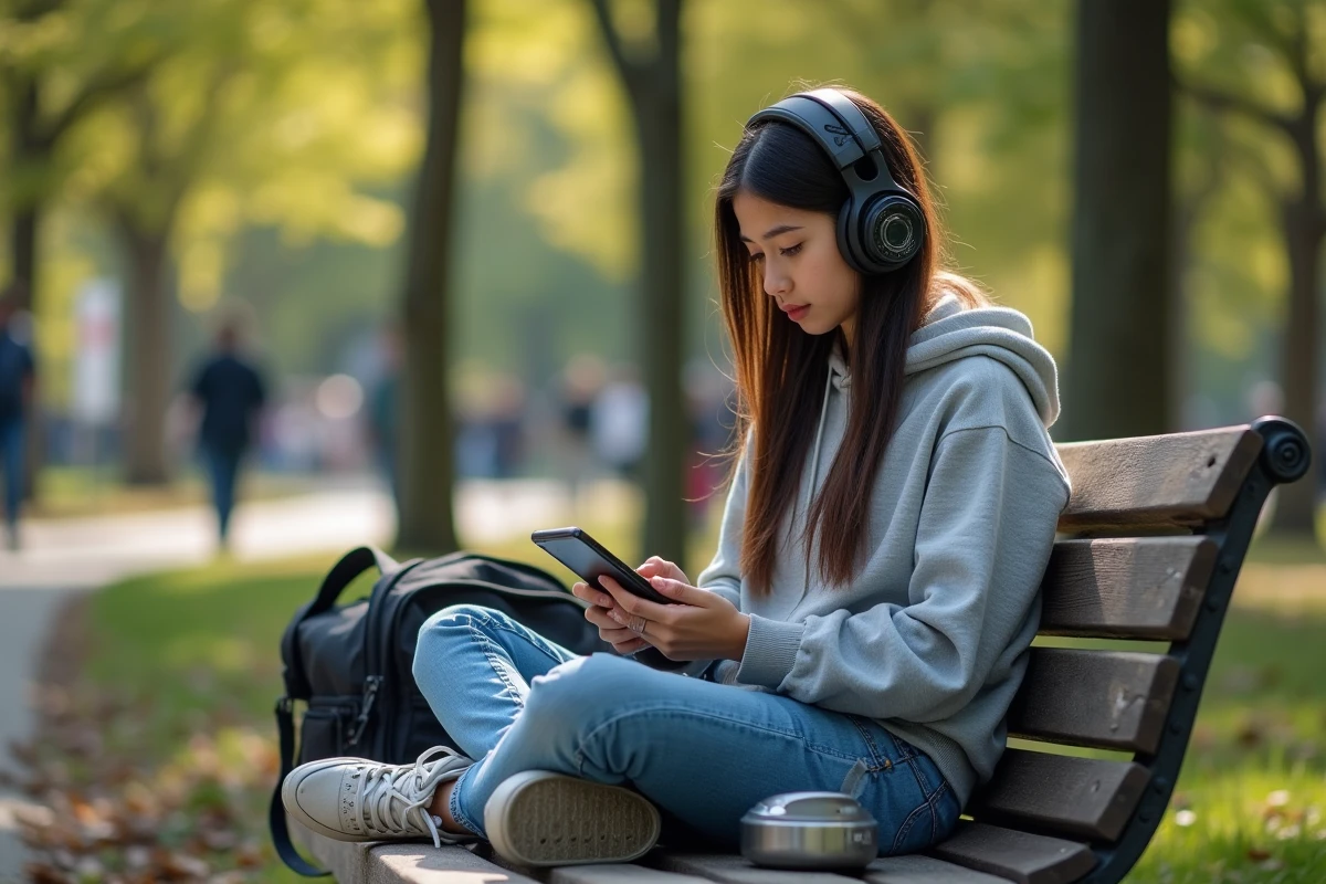 Adolescente lisant manga dans un parc en plein air