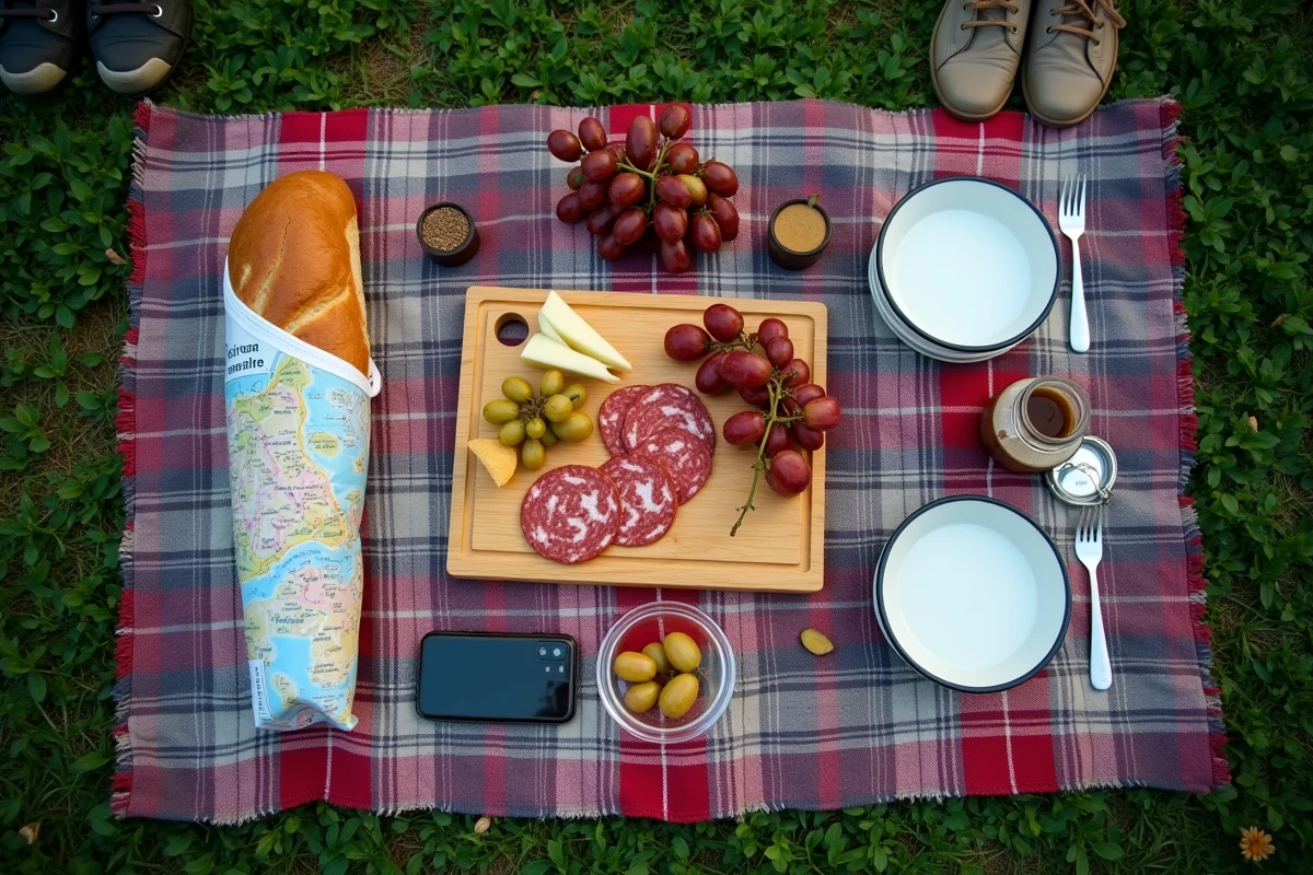 Vue aérienne d'un pique-nique soigneusement préparé avec charcuterie, fromage et fruits pour la soirée feu d'artifice à Villeneuve d'Ascq