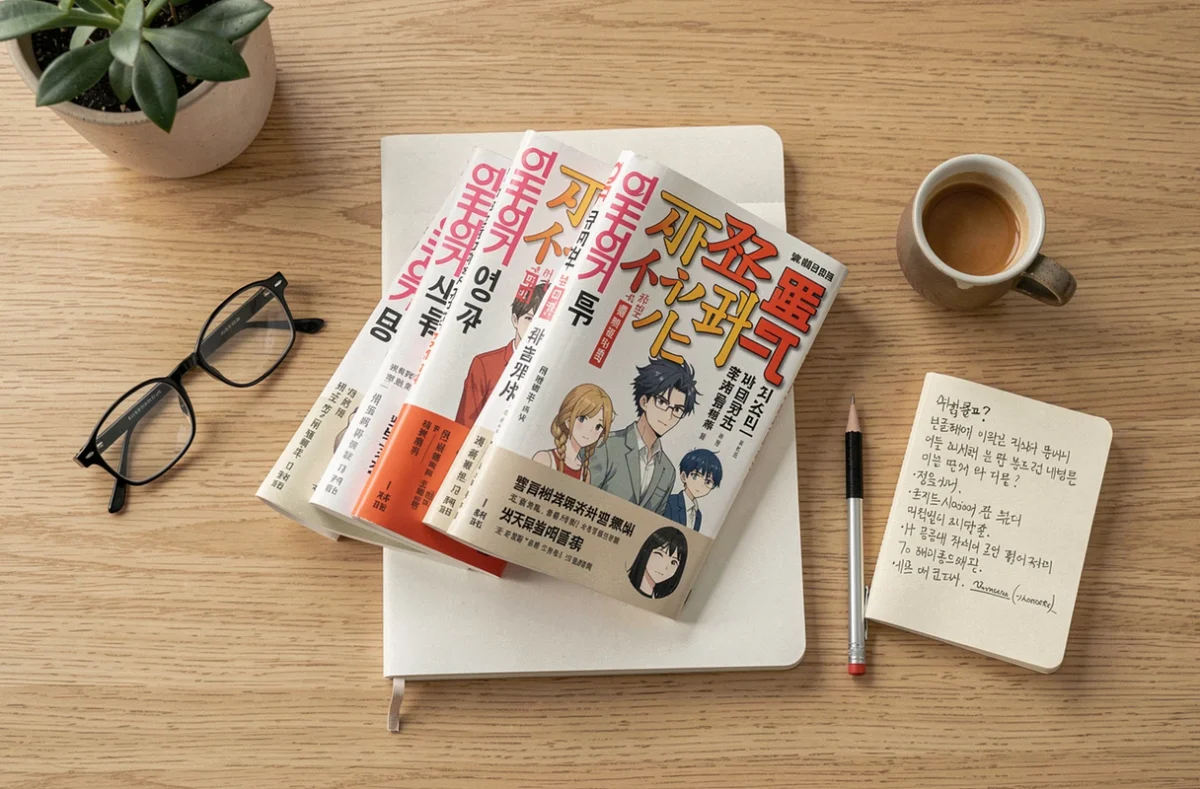Flat lay de volumes de manhwa coréens disposés sur un bureau en bois clair avec des notes manuscrites, des lunettes de lecture et une tasse d'espresso, style minimaliste