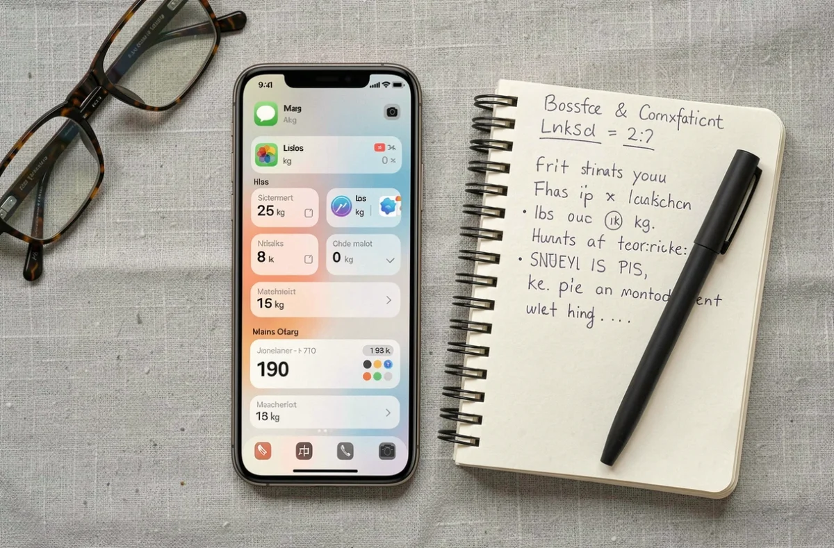 Vue aérienne d'un smartphone affichant un raccourci automatique de conversion livres en kilogrammes avec carnet de notes manuscrites
