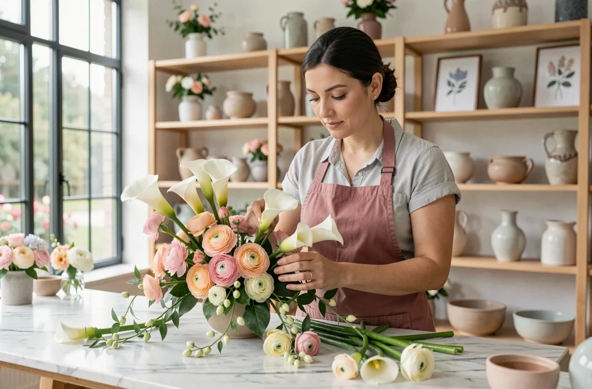 Fleuriste du Calla à Lons composant un centre de table de mariage avec des lys calla et des renoncules