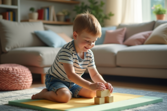 Garçon de six ans joue avec des blocs en famille