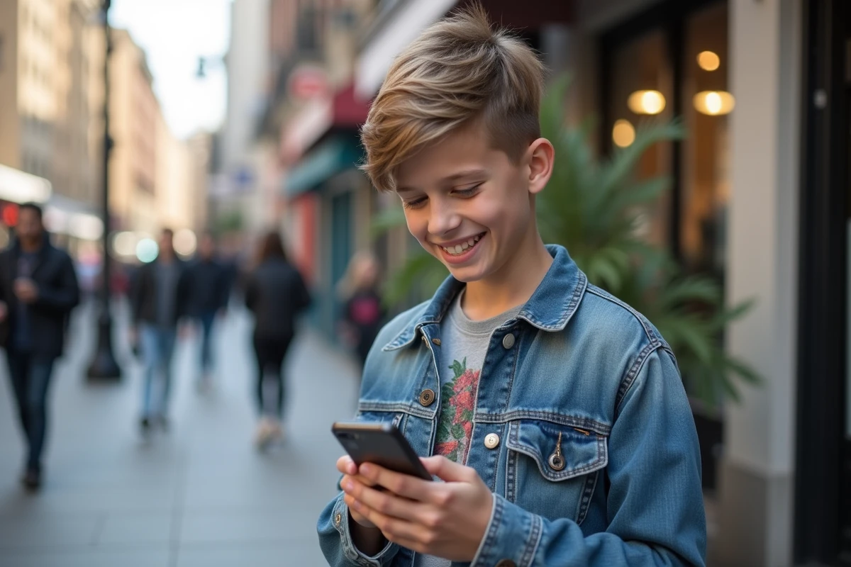 Garçon souriant envoyant message dans la rue urbaine
