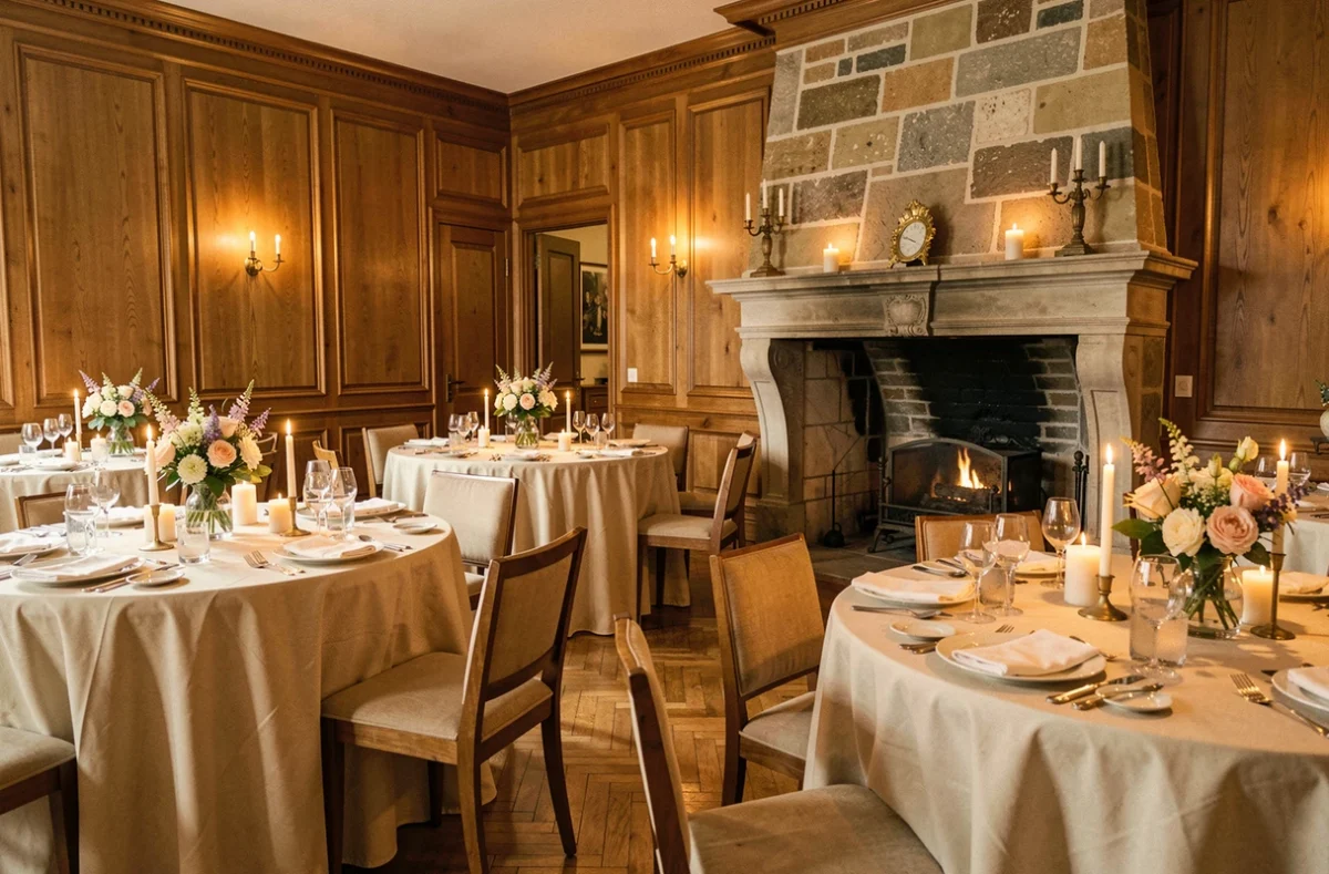 Intérieur chaleureux de La Gentilhommière avec lambris en chêne, cheminée en pierre et tables dressées à la bougie