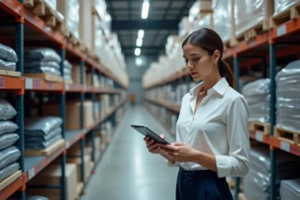 Femme consultant un calendrier de gestion des stocks vestimentaires sur tablette dans un entrepôt logistique moderne