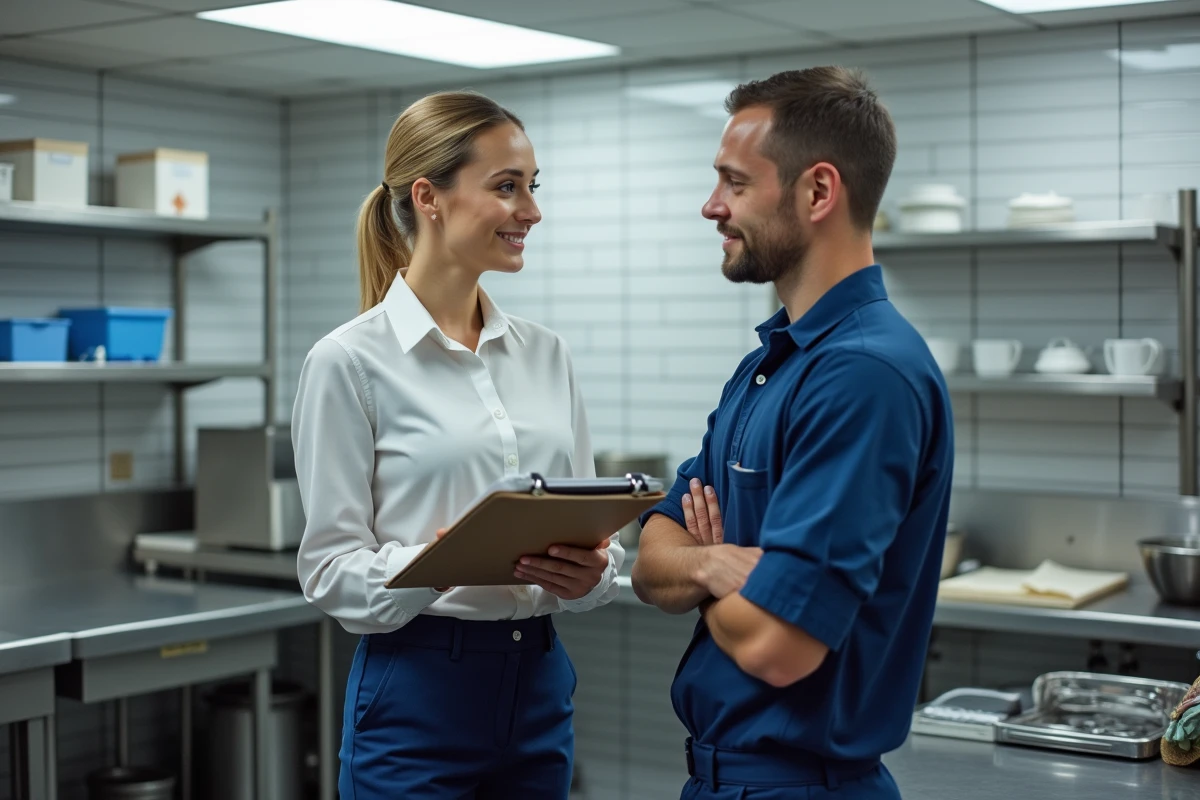 Gestionnaire de facility discutant avec un technicien en cuisine