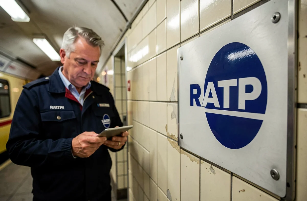 Gros plan sur le logo et le sigle RATP sur un panneau de signalétique officiel dans un couloir de métro parisien