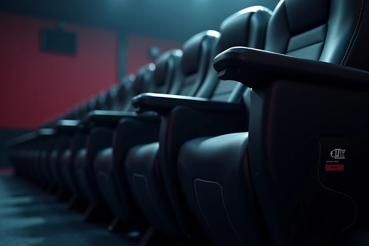 Gros plan sur un siège 4DX avec ses buses d'effets spéciaux, mécanisme motorisé et numérotation de place