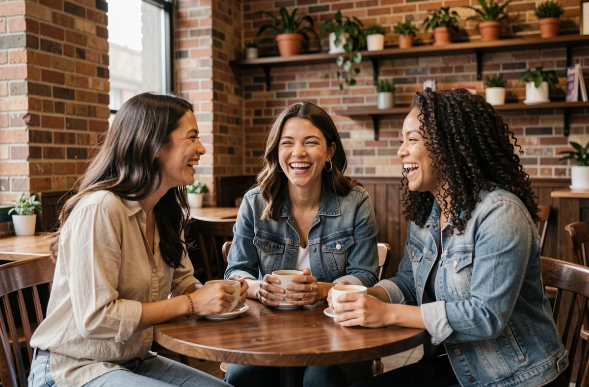 Trois amies sincères partageant un moment de rires autour d'un café dans un bistrot chaleureux, illustrant la vraie amitié