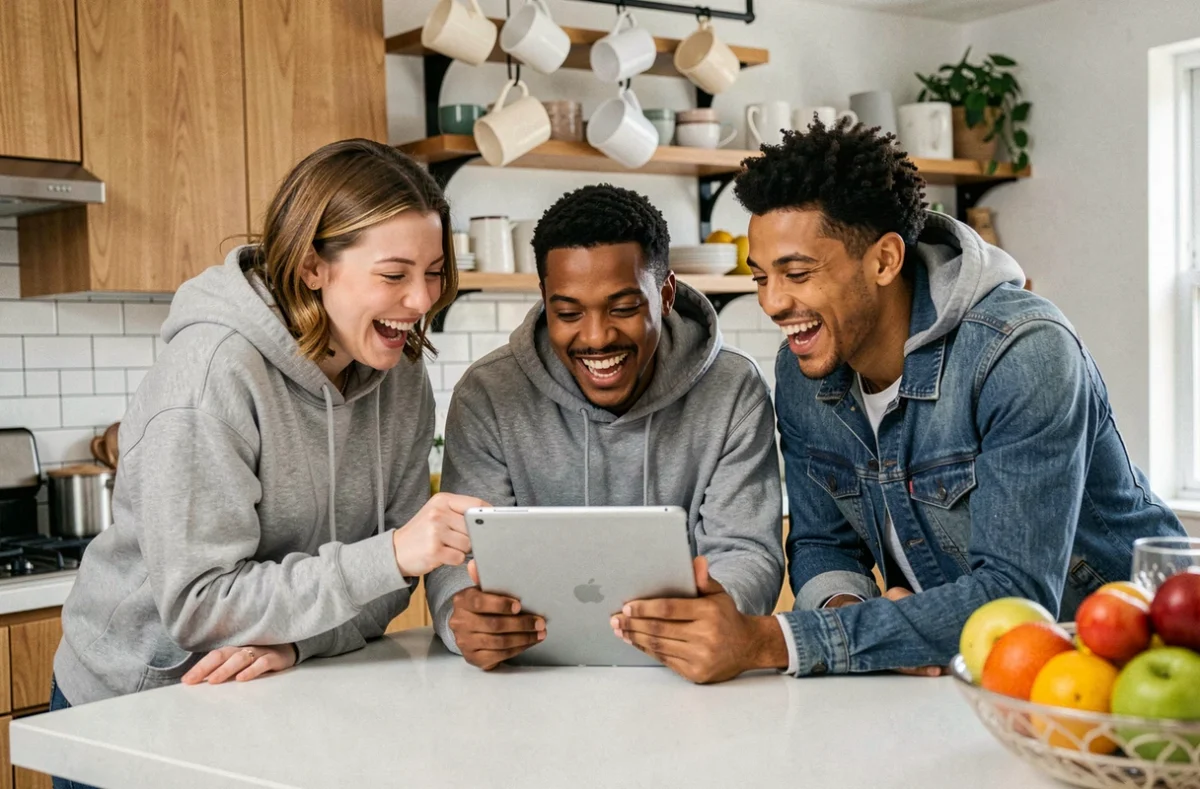 Groupe d'amis riant ensemble devant une tablette affichant un site d'actualités fun dans une cuisine moderne