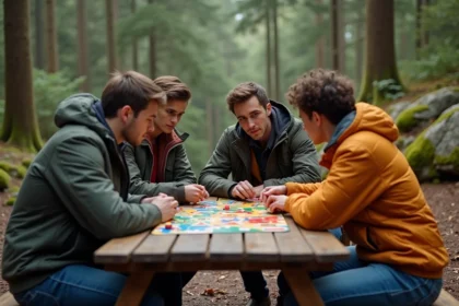 Groupe d'amis jouant à un jeu de société en forêt