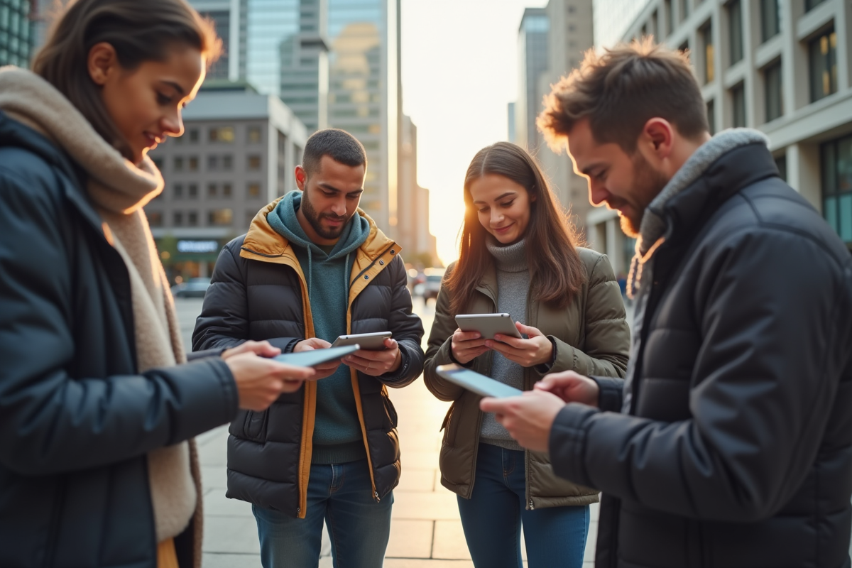 Groupe de personnes connectees utilisant des appareils numériques