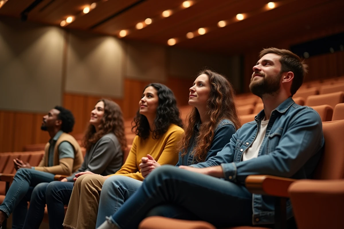 Groupe de personnes recueillies après un concert dans une salle culturelle moderne, partageant une émotion collective profonde