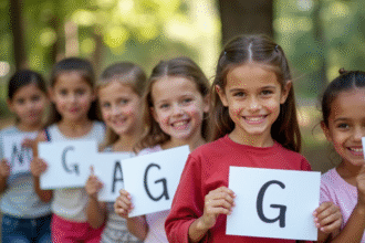 Enfants souriants dehors avec cartes noms G