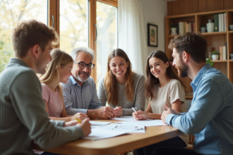Groupe familial de trois générations discutant autour d'une table
