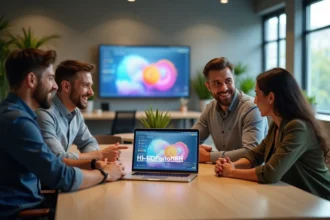 Groupe de quatre adultes en réunion de travail en bureau