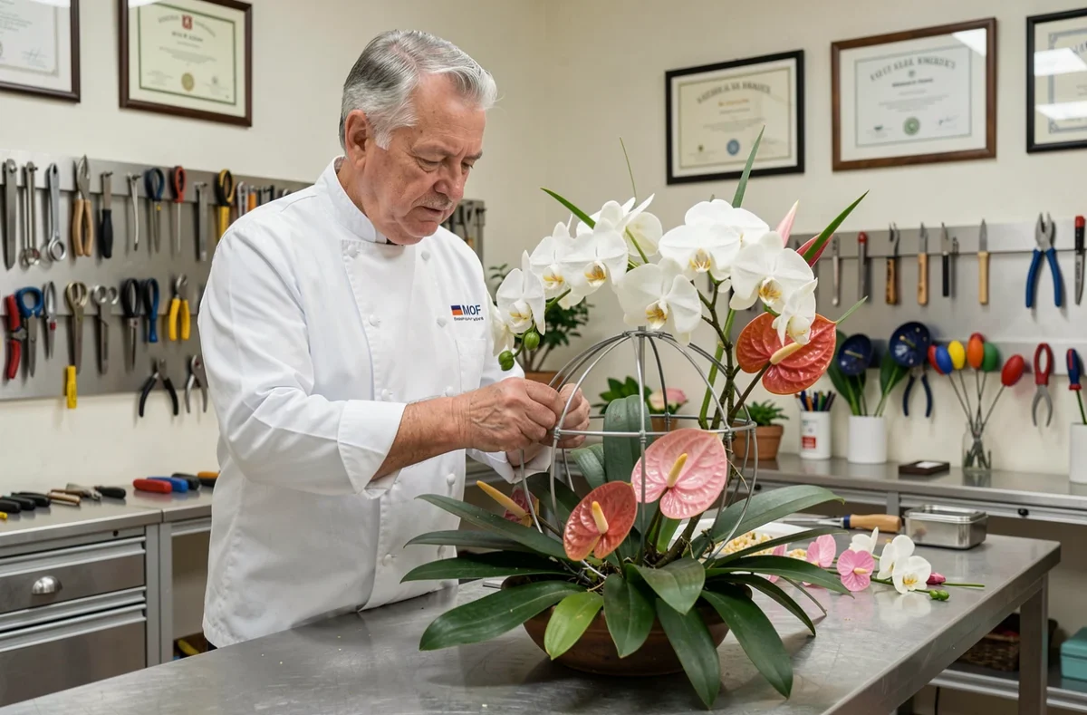 Guy Labaste, Meilleur Ouvrier de France fleuriste, construisant une sculpture florale de compétition dans son atelier