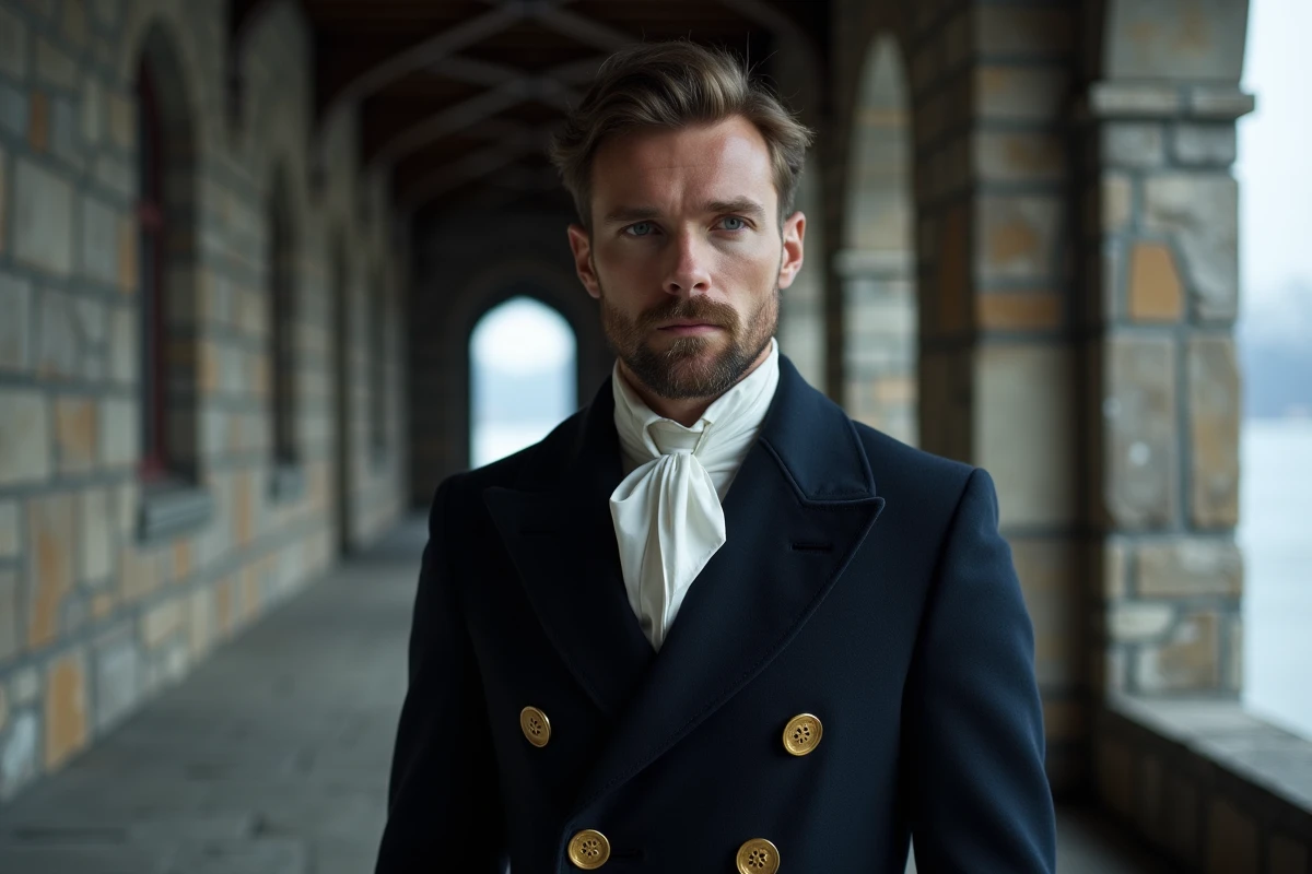 Homme élégant en manteau de cour médiéval dans un couloir de château nordique, évoquant le personnage de Hans de La Reine des Neiges