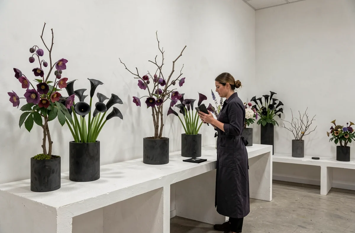 Hellébore, fleuriste créatrice des Pyrénées-Atlantiques, avec ses compositions florales avant-gardistes à base d'hellébores et de branches architecturales