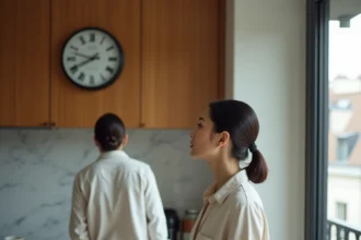 Femme regardant l'heure sur une horloge murale dans un appartement parisien moderne
