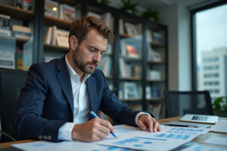 Homme d'affaires en costume analysant des graphiques au bureau