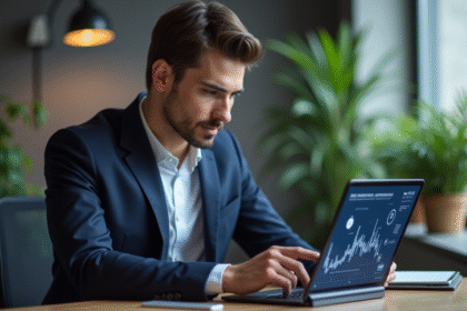 Jeune homme d'affaires étudiant une tablette blockchain