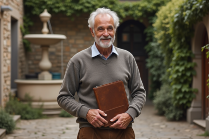Homme âgé français devant une fontaine en pierre ancienne