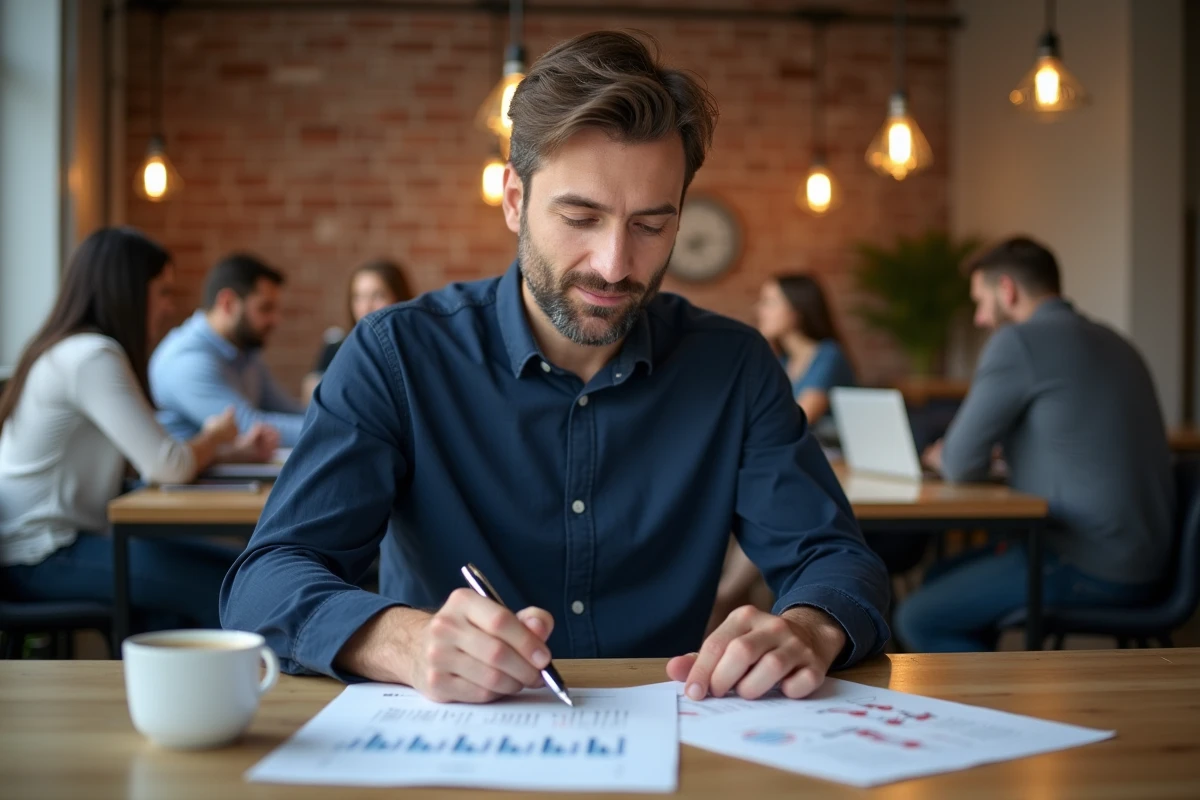 Homme analysant des statistiques d'articles sponsorisés dans un espace de coworking moderne
