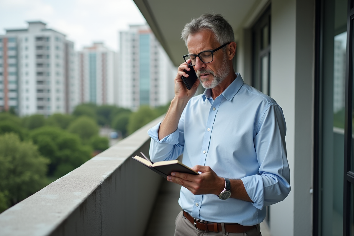 Homme parlant au smartphone sur un balcon en ville
