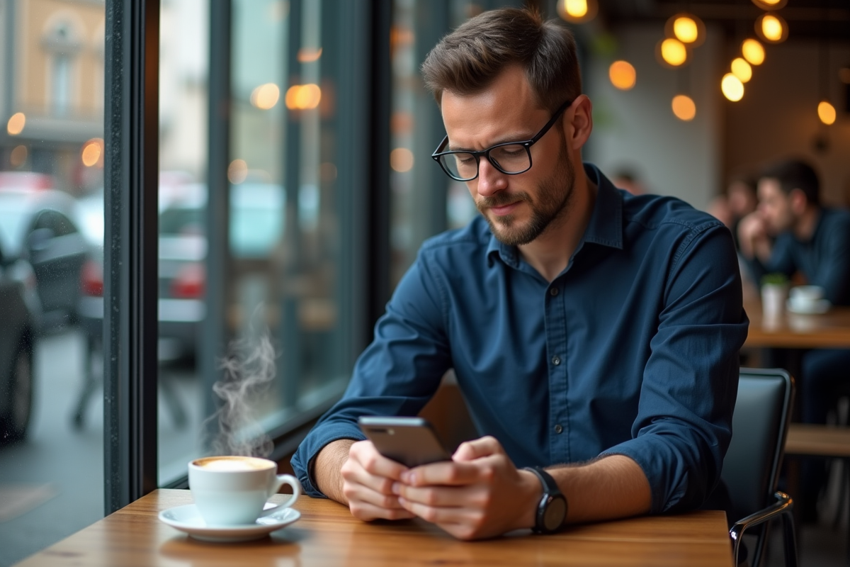Homme adulte utilisant son smartphone dans un café en ville