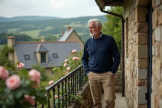 Homme d age regardant la vallee depuis sa terrasse