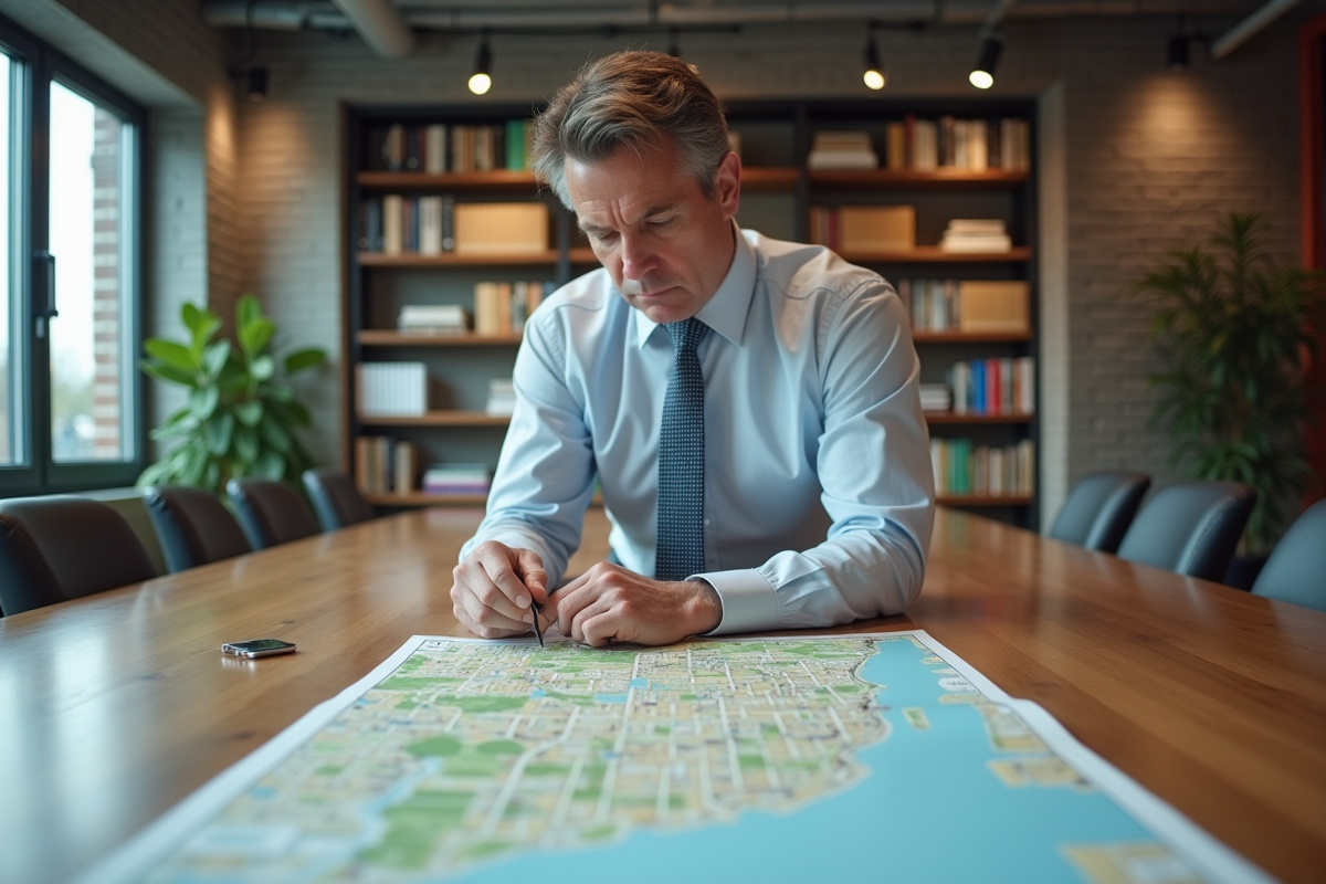 Homme étudiant une carte de biens immobiliers