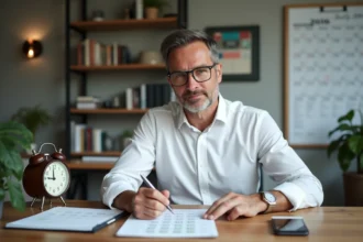 Homme d'âge moyen avec horloge vintage et carnet