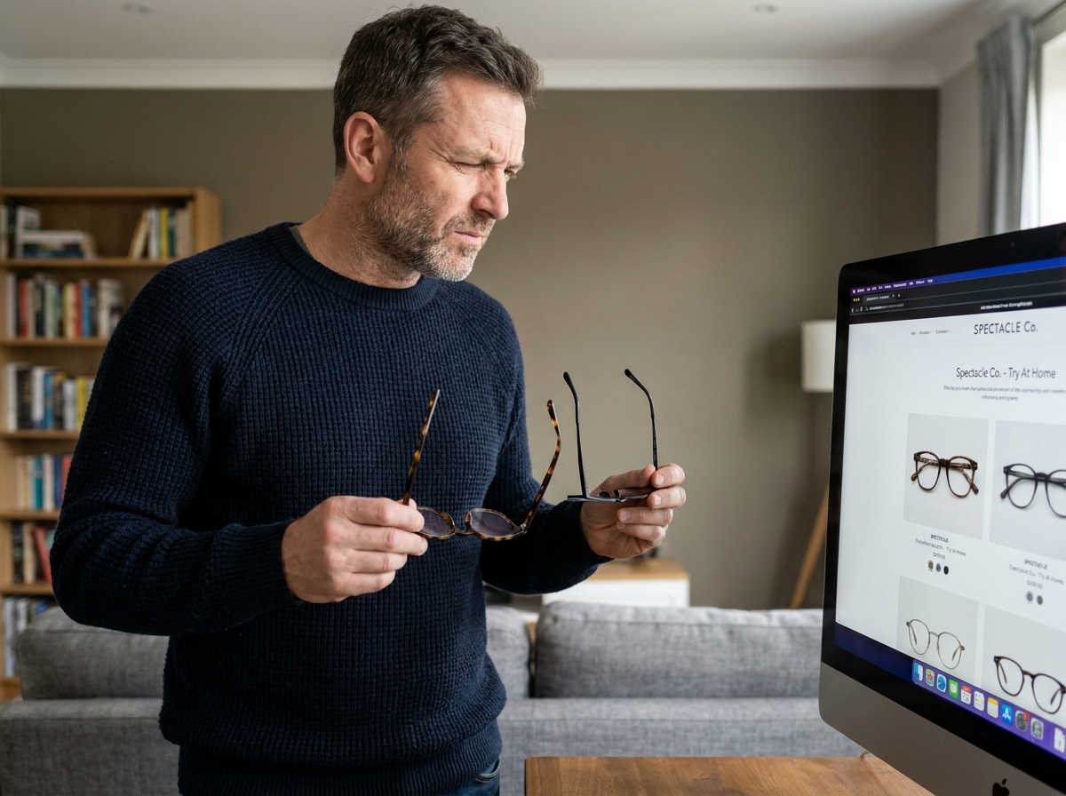 Homme comparant deux paires de lunettes devant un site de vente en ligne de lunettes sur son écran d'ordinateur