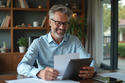 Homme d'affaires examine un contrat de prêt immobilier dans un bureau moderne