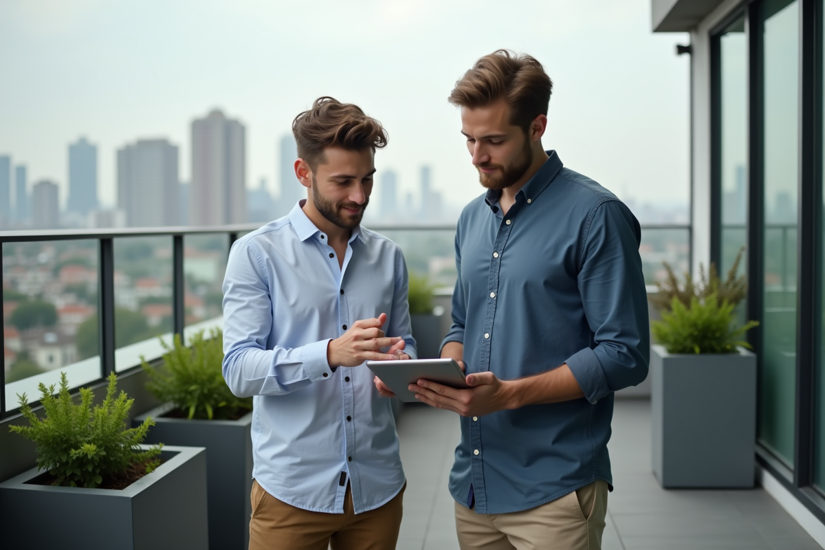 Homme montrant une interface sur une tablette en extérieur