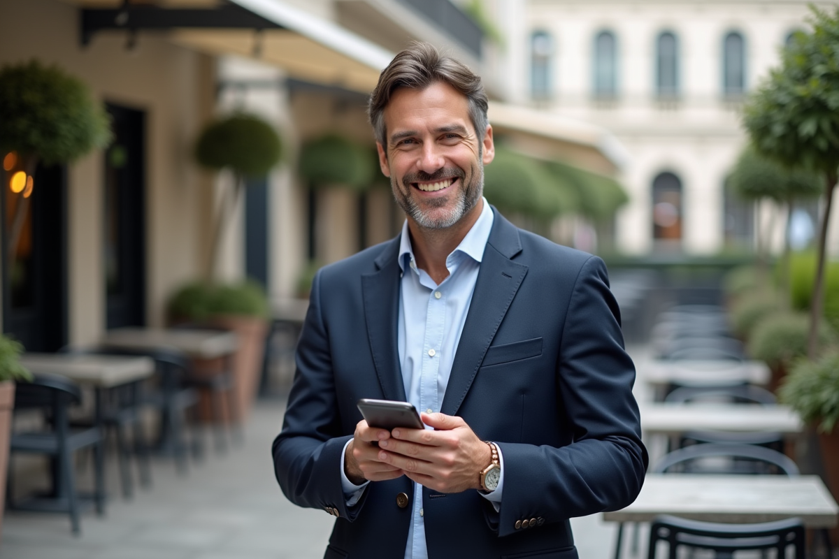 Homme entrepreneur souriant dans un café urbain