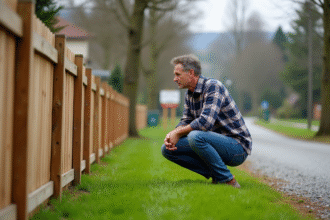 Homme d'âge moyen examine un champ vert avec clôture en bois