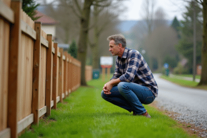 Homme d'âge moyen examine un champ vert avec clôture en bois