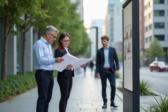Homme d'âge moyen examinant des plans urbains avec une professionnelle