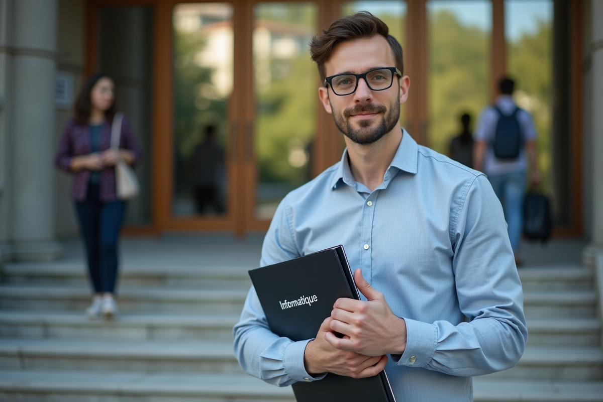 Homme avec dossier informatique devant une fac
