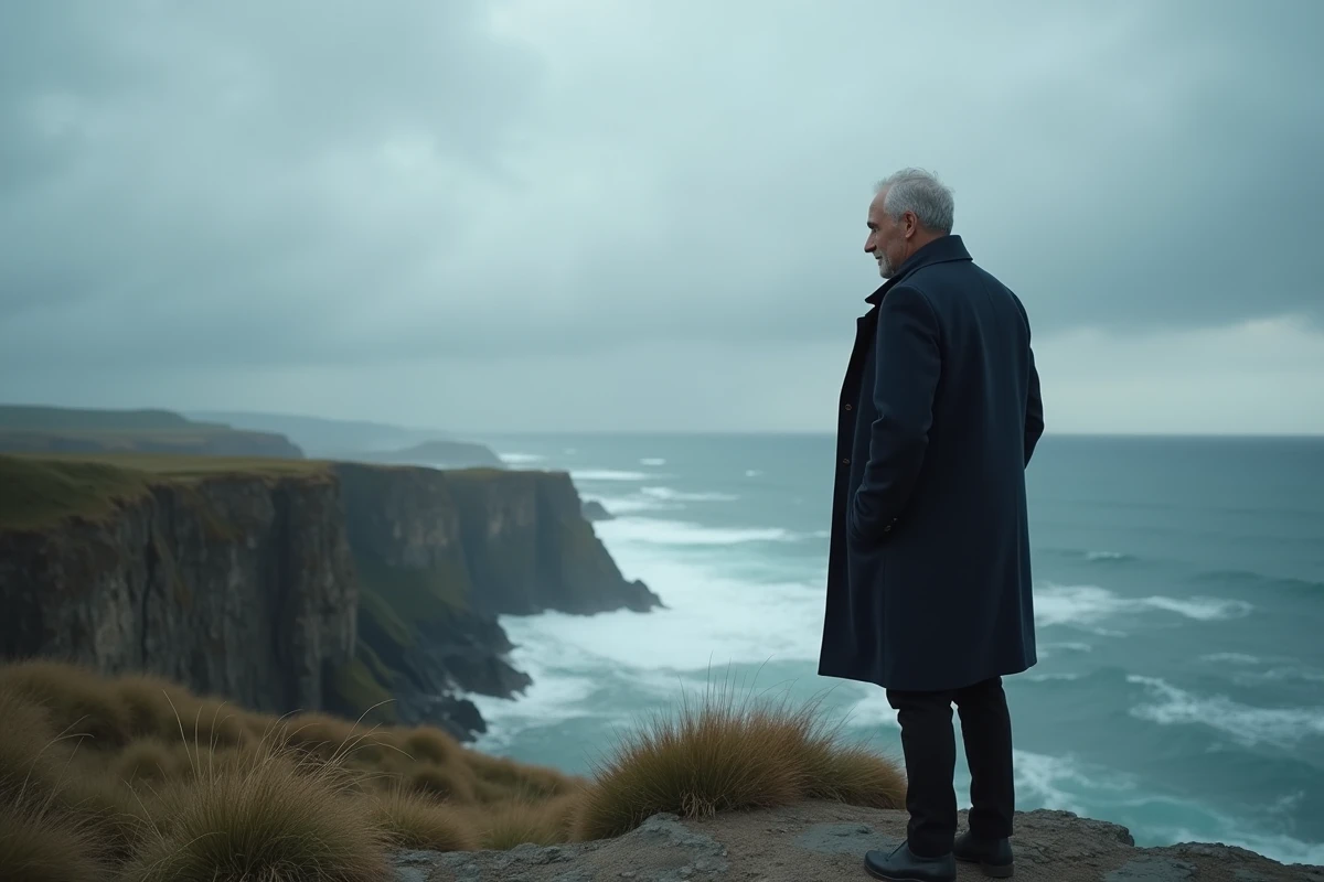 Homme solitaire contemplant l'horizon sur une falaise côtière sous un ciel orageux, symbole de résonance émotionnelle universelle