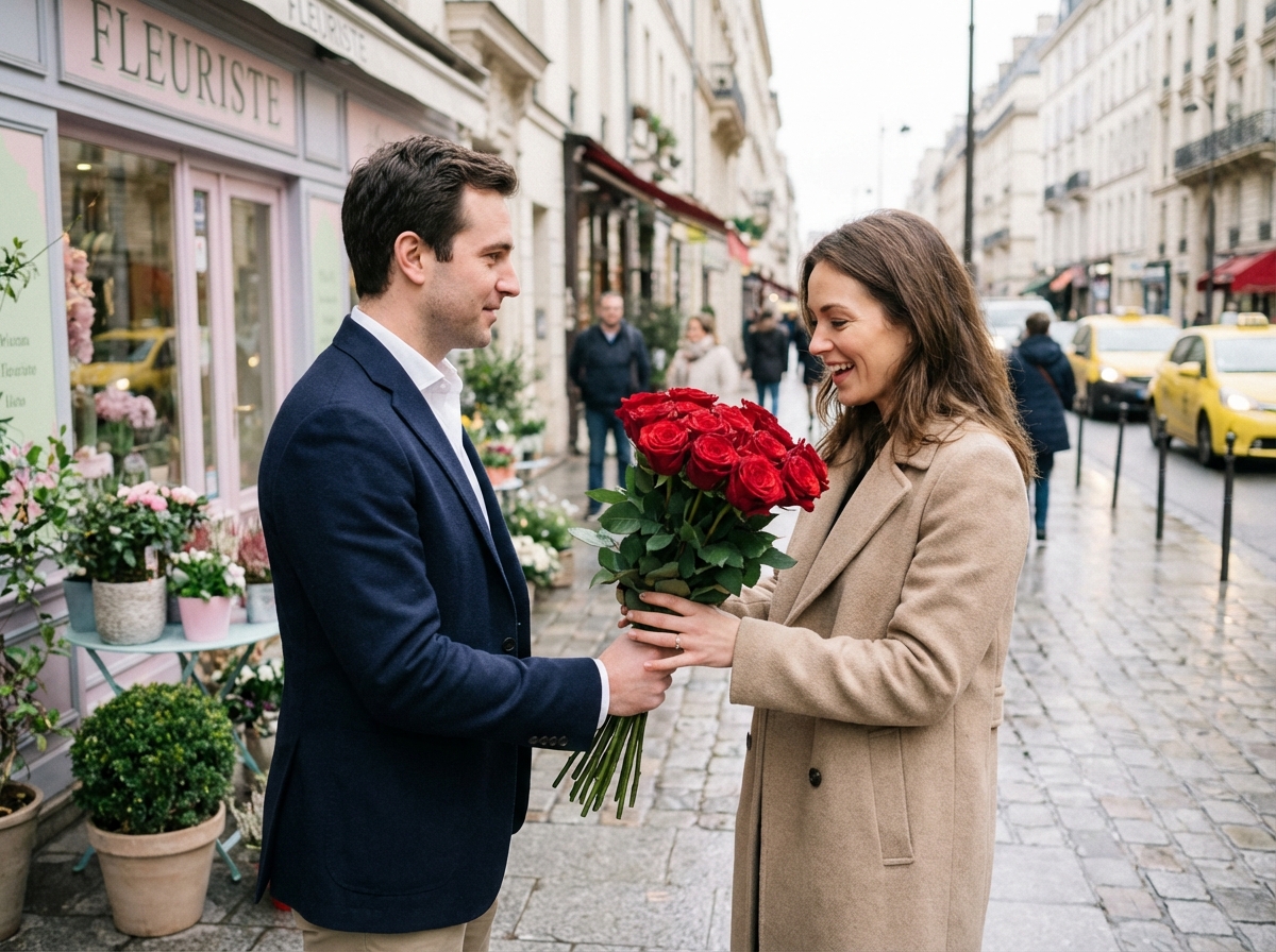 Homme offrant des roses à sa femme dans une rue urbaine
