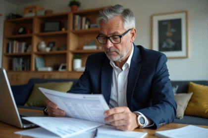 Homme d'âge moyen en costume bleu examine documents fiscaux