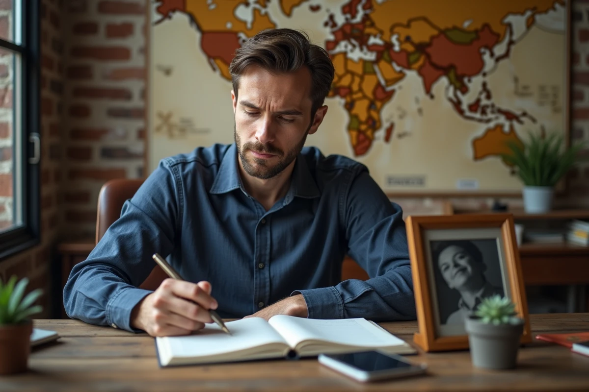 Homme pensif écrivant une lettre d'amour à son bureau avec une photo de sa partenaire en arrière-plan