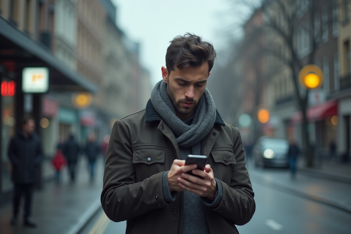 Homme dans la rue urbaine en regardant son téléphone